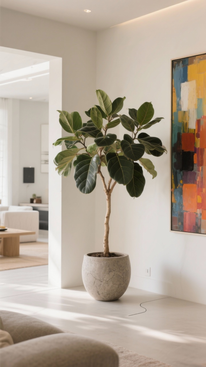 Photorealistic medium-wide shot of a minimalist living space featuring a Ficus audrey as a solo statement in a refined, textured stone or matte ceramic pot; velvety matte leaves and pale trunk clearly visible; positioned near a large, colorful artwork without competing glare; used subtly as a room divider in an open-plan layout; palette: soft neutrals with one bold art accent; lighting: bright indirect with a gentle direct kiss of light; include a subtle floor marker to imply monthly rotation; mood: calm, sophisticated, unfussy; perspective: straight-on to show balanced silhouette; no people.