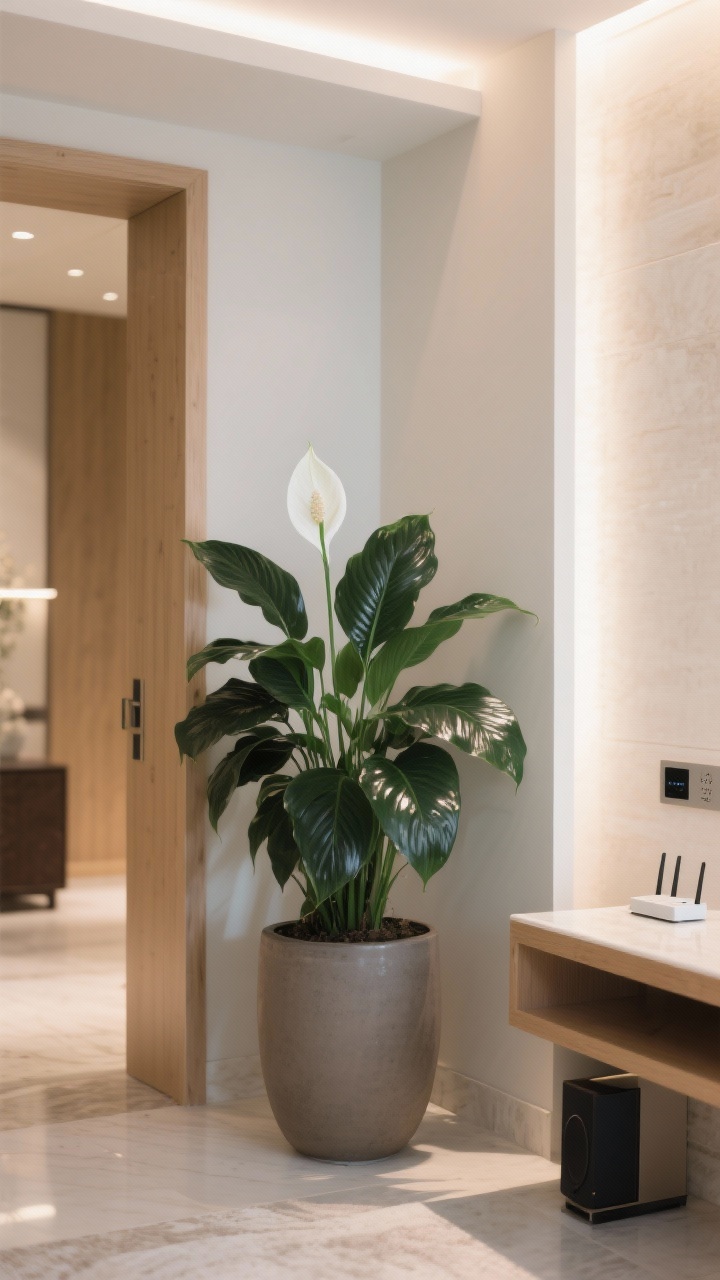 Photorealistic medium-wide shot of a spa-like entryway vignette with a lush peace lily (Spathiphyllum) in a matte ceramic pot, glossy dark green leaves and one or two elegant white blooms; place near a console table with subtle tech nearby (router or speaker) to visually soften the area; clean, hotel-lobby energy with soft neutral palette (warm whites, light wood); lighting: medium indirect light with brighter glow to encourage blooms; mood: serene and polished; perspective: slight corner angle to show the plant softening a corner; no people.