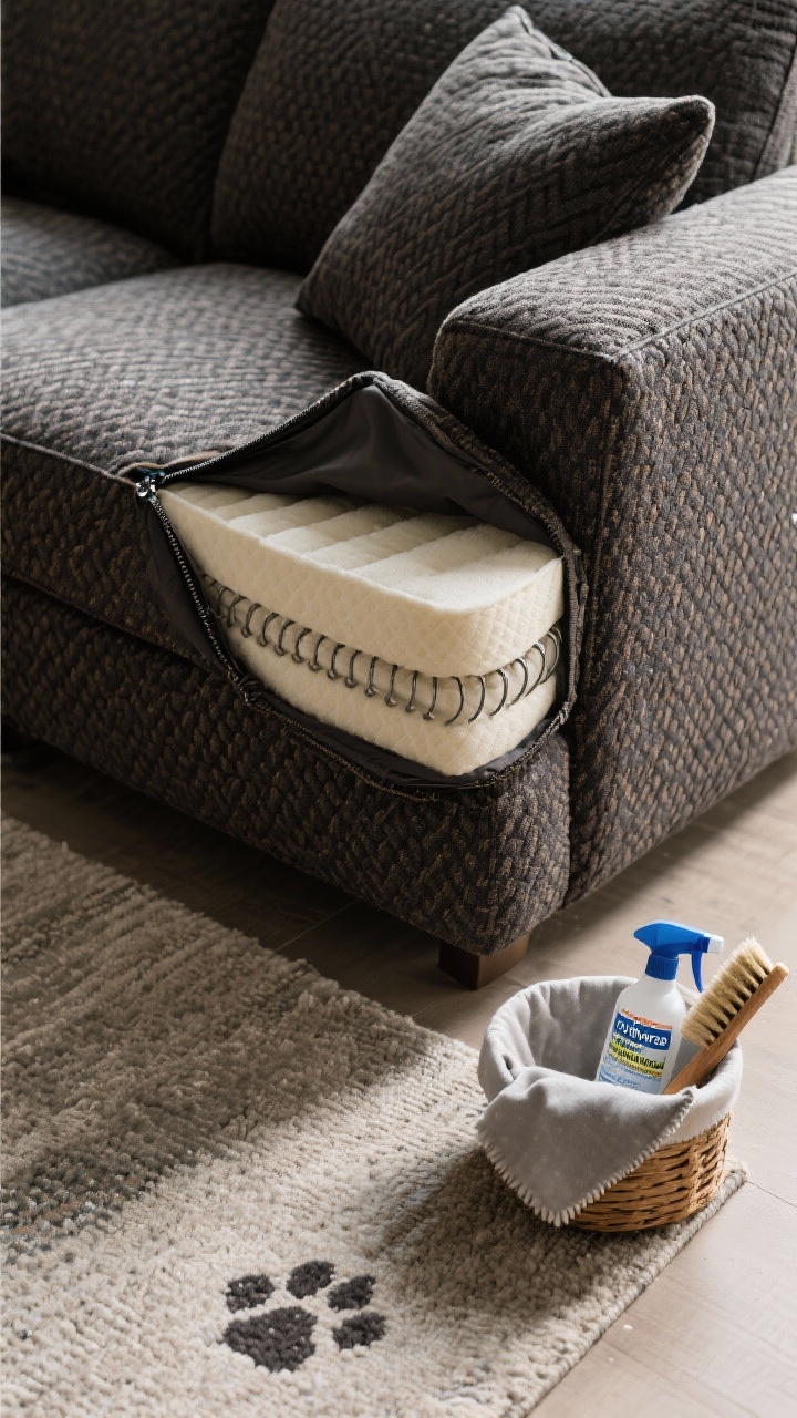 Photorealistic overhead detail shot showcasing family- and pet-proof performance: corner of a sectional in dark or mid-tone, patterned weave fabric (Crypton/LiveSmart/olefin, 50,000+ double rubs), removable cushion cover slightly unzipped to reveal high-density foam over sinuous springs. Include a small upholstery brush, enzyme spray, and fabric spot cleaner in a cute basket on a durable rug; a faint paw print on the fabric subtly visible to show stain resistance. Neutral daylight; practical, “workhorse without compromise” mood.