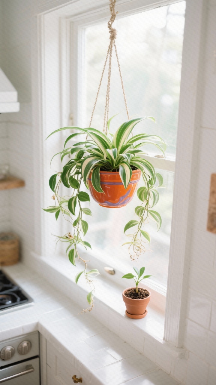 Photorealistic overhead-to-side hybrid shot of a bright kitchen window scene with a spider plant (Chlorophytum comosum) in a vibrant ceramic hanging planter; arching green-and-cream variegated leaves with multiple cascading “spiderettes” for maximum charm; include a second small pot on the sill with a newly rooted baby; palette: crisp whites with a pop of color from the pot; lighting: bright indirect daylight; mood: retro, resilient, kid- and pet-friendly energy; perspective: slight overhead angle capturing the window, hanger, and cascading plantlets; no people.