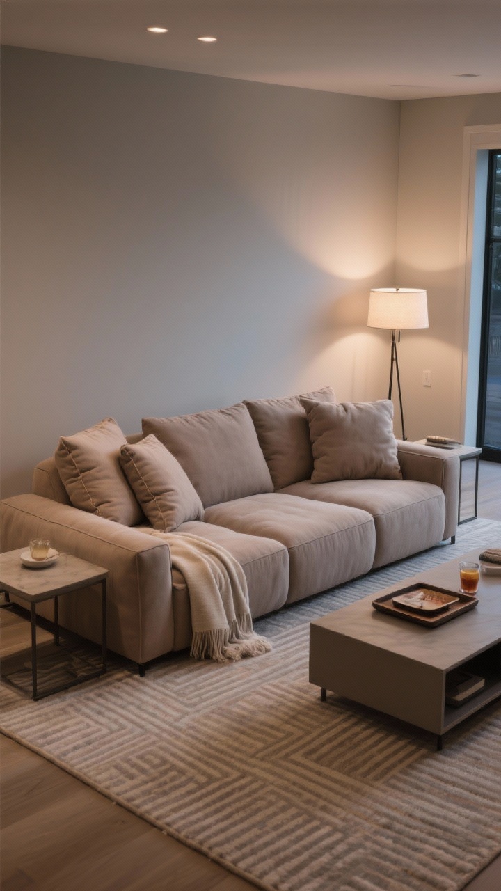 Photorealistic wide living room shot focused on a cloud-cozy sectional for Netflix marathons: deep 24"+ seats, oversized feather or down-alternative cushions with removable, zippered covers in a soft performance fabric (Crypton/Revolution look) in a warm stone color; reversible chaise configuration. Pair with sleek, structured side tables, a low-profile media console, and a linear-pattern rug to balance the plushness. Include a folded throw and a tray with a beverage on the chaise. Soft, diffused evening lighting from a floor lamp; no people; inviting, lounge-ready mood.