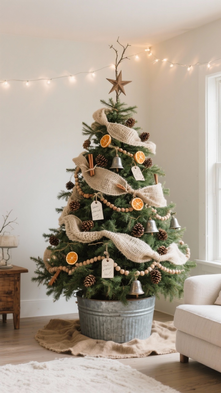 Photorealistic wide room shot of a farmhouse Christmas tree in a neutral living space; tree dressed with loosely woven burlap and chunky knit ribbon, wood bead garlands, dried orange slices, cinnamon sticks, and twine‑tied pinecones; sentimental touches like vintage‑look metal bells and handwritten paper tag ornaments; a simple twig star topper; base set in a galvanized tub as a tree skirt; color palette: evergreen, cream, linen, and warm wood tones with soft metallics; warm white string lights only; matte textures and a slightly imperfect, handcrafted feel; corner angle capturing the whole tree and surrounding calm decor