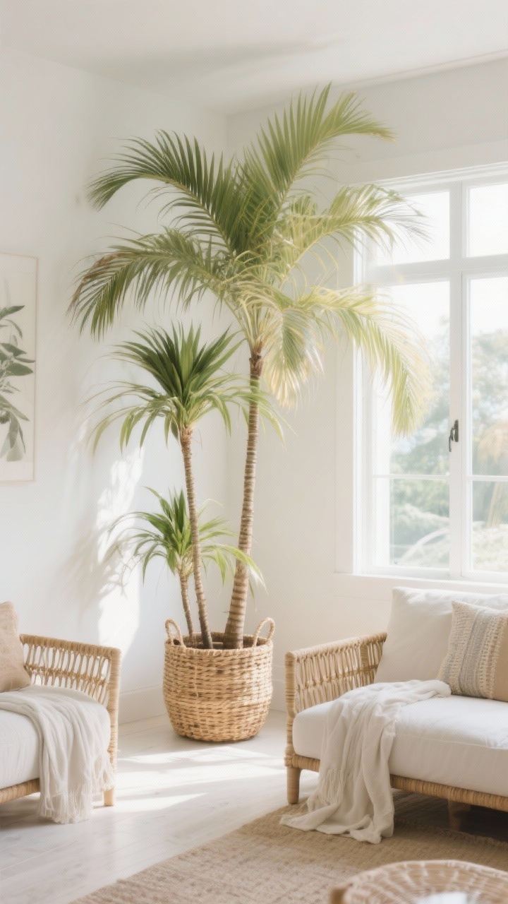 Photorealistic wide shot of a bright living room with an areca palm (Dypsis lutescens) near a large window, fronds backlit for a soft tropical glow; plant set in a woven basket planter adding relaxed texture; group with two smaller plants at different heights to create a layered indoor grove; style: modern coastal/boho mix with light linens and rattan accents; lighting: bright indirect, avoiding harsh midday beams; mood: vacation-at-home freshness with subtly humid, airy feel; perspective: corner angle capturing the entire grouping and window light; no people.