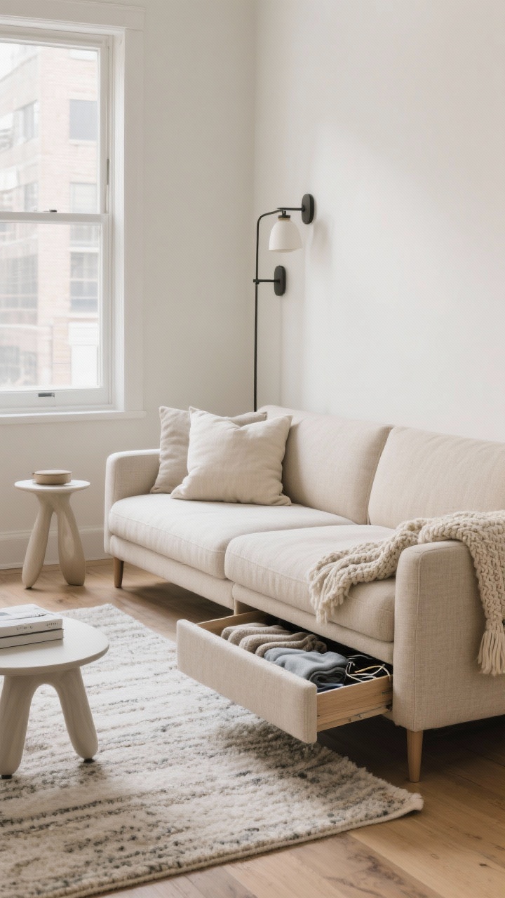 Photorealistic wide shot of a small apartment living room with an apartment-friendly sectional: compact under-100" length, 20–22" seat depth, reversible chaise with hidden storage open slightly to reveal neatly folded throws and cables. Light, airy upholstery in oatmeal/flax performance fabric; leggy frame to show more floor. Armless end on one side to keep lines open. Properly sized rug with front legs of the sectional on it; sculptural side table, oversized 24" pillows, a chunky knit throw, and wall sconces for an instant designer upgrade. Bright, natural daylight; space-savvy, refined mood.