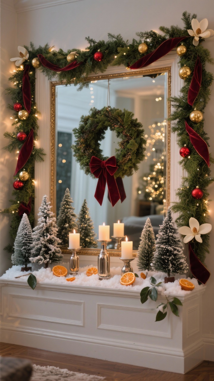 Photorealistic wide shot of a window treated like a picture frame: lush faux greenery garland draped across the top and swagged down both sides with velvet ribbon and shatterproof gold and red ornaments; a centered wreath hung with a deep burgundy velvet ribbon; on the sill, a “mini forest” of bottle brush trees in varied sizes with pet-safe faux snow, a trio of flameless candles in mixed metallic holders, and a mirror panel behind them to double the sparkle; include touches of magnolia leaves and dried orange slices for warmth; evening interior lighting with subtle twinkle, straight-on view capturing full scene