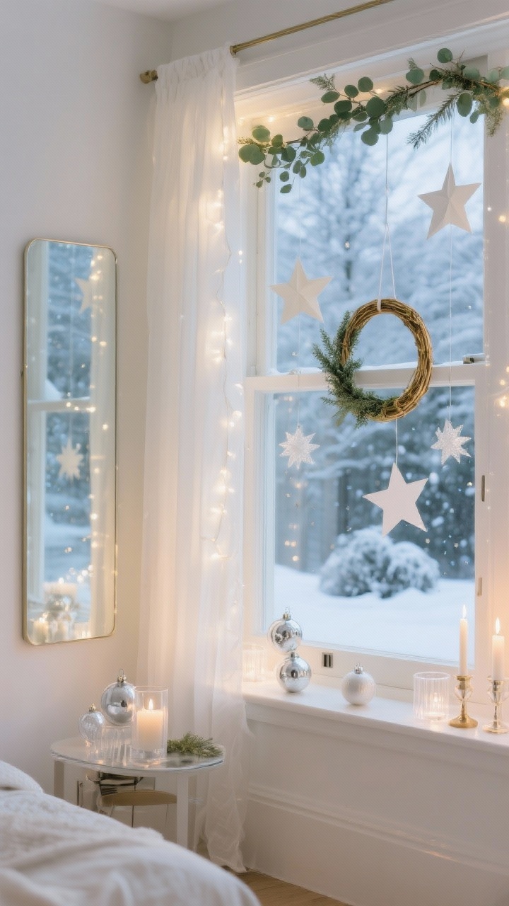 Photorealistic wide shot styled by theme and palette: a Scandi Snowfall window scene with warm white curtain lights, a minimal brass ring wreath with a sprig of greenery, simple eucalyptus garland, and paper stars in white and cream; color story kept Fresh & Crisp with sage, white, and silver accents; vertical hanging decor for small-space impact, tonal layers for cohesion, and a slim mirror on the sill doubling the twinkle; include shatterproof acrylic ornaments and flameless candles on timers for kid- and pet-friendly practicality; clean modern interior, balanced rule-of-thirds composition, evening glow, straight-on perspective for curated, not chaotic, look