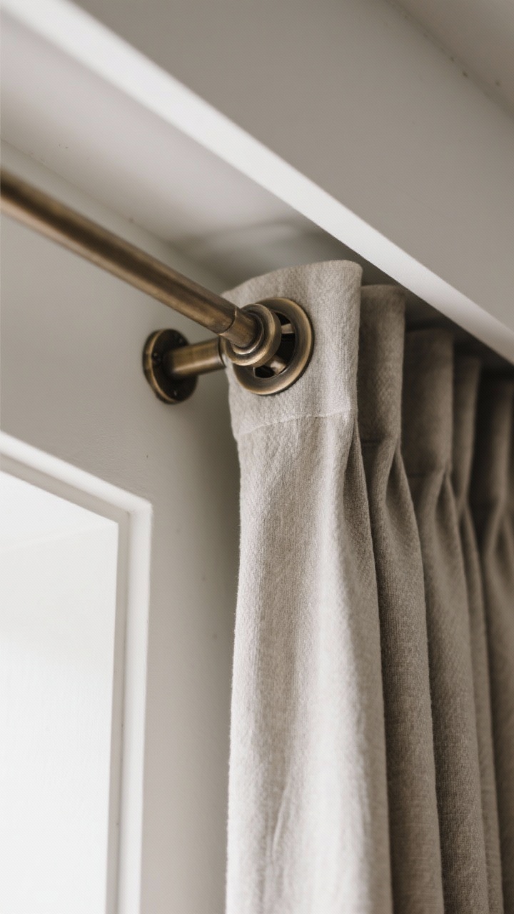 Tight detail closeup of curtain hardware emphasizing scale, finish, and support: a
