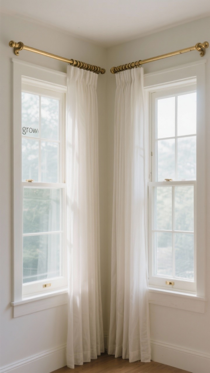 Wide, bright daylight shot of a wall with two adjacent windows showing rods extending far past the frames so panels stack off the glass. Use a designer extension of 8–12 inches per side; one small window extended even wider to visually “grow” it. Include a corner window set with an L-shaped rod using a corner connector, and a bay window segment using a bay rod set with consistent projection and height. Use brass rods with short finials and an end-cap where a window is tight to a wall. Sheer panels gathered mostly on the wall, leaving glass clear for maximum light. Straight-on view to highlight width and clean lines.