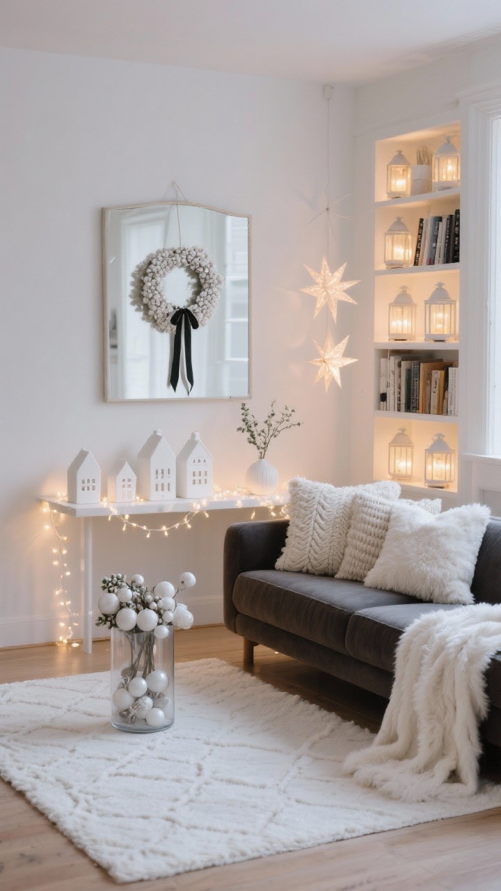 Wide corner angle of a cozy all-white lounge: a darker sofa contrasted with a draped white faux fur throw; mixed ivory pillow covers in boucle, cable knit, faux shearling, and linen for rich texture. A warm white area rug with a subtle pattern anchors the space. Warm white fairy lights drape softly along a bookshelf; a cluster of LED lanterns and paper stars glows in a nearby corner for a Scandi vibe. On a console, a minimal white ceramic village of three to five pieces is threaded with a micro light string; a clear cylinder vase filled with mixed-finish white ornaments sits beside it. A white berry wreath hangs on a mirror with a thin velvet ribbon. Photorealistic, evening warmth, calm serene mood.