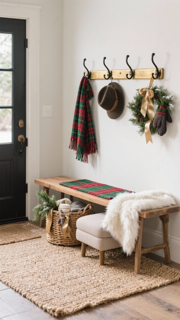 Wide entryway shot from a corner angle showing a practical, cozy landing zone: a layered rug setup with a durable natural jute base and a smaller red-and-forest-green plaid runner on top; a compact wooden bench with two upholstered ottomans tucked underneath and a draped ivory faux-fur throw; woven baskets for scarves and gloves, each handle tied with a sprig of greenery and a slim champagne satin ribbon; a row of sturdy brass or matte black hooks holding a festive hat, scarf, and a mini wreath; winter-ready textures emphasized.