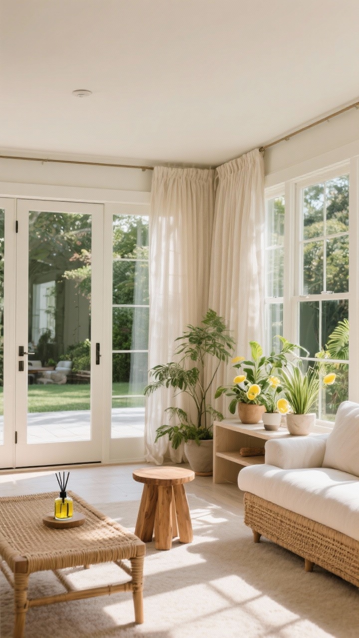 Wide living room shot emphasizing indoor-outdoor flow: sheer linen drapes replacing heavy curtains, French doors (or large mirrors opposite windows) bouncing light; a rattan bench and a teak stool forming a garden corner near the window with grouped plants; a discreet essential oil diffuser on a console suggesting citrus/lemongrass spa energy; airy, sunlit ambiance, photorealistic.