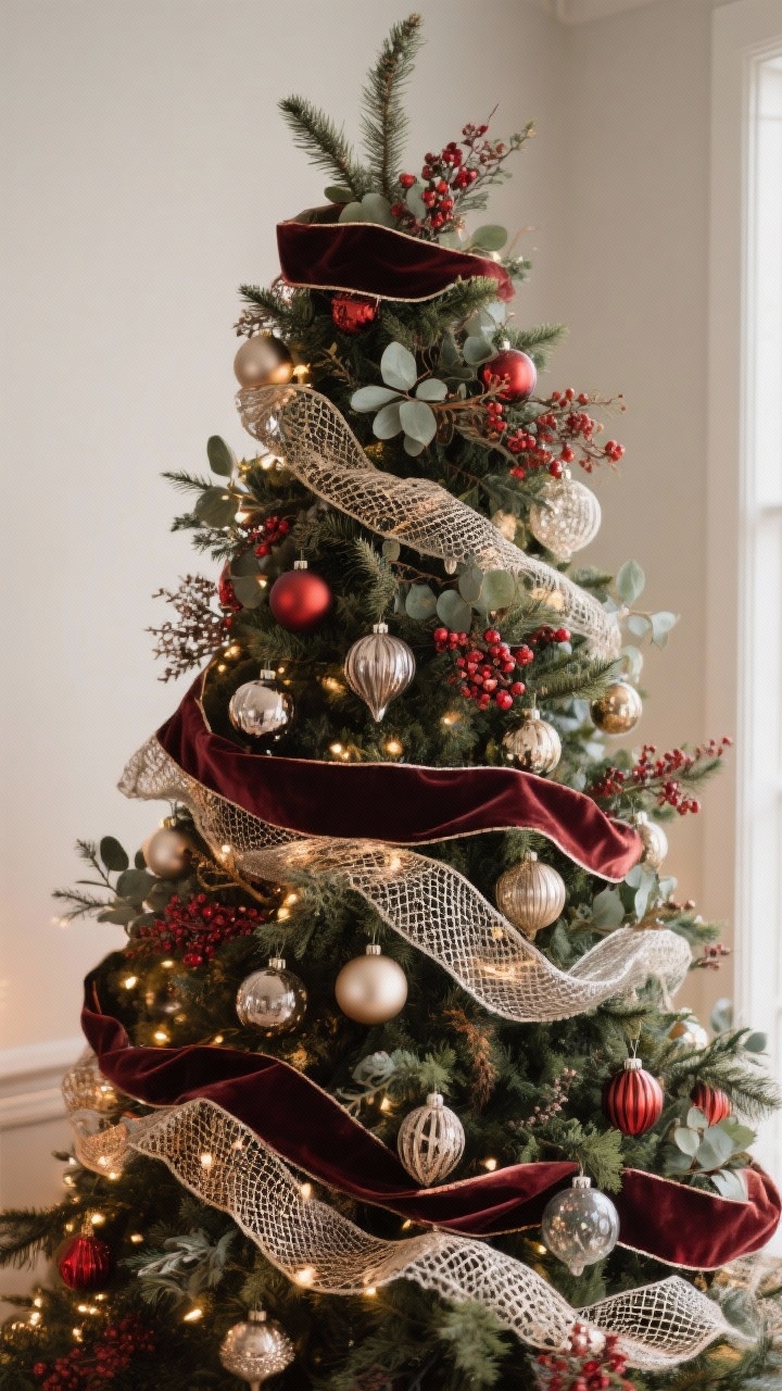 Wide shot capturing layered styling on a Christmas tree: two to three types of wire-edged ribbons in a waterfall and spiral mix—one wide (4-inch velvet), one narrow satin, and one textured mesh—tucked deep then billowing out; top third and edges dramatized with mixed picks and sprays (pine, eucalyptus, red berries, and metallic branches), clustered in twos and threes and repeated in a zigzag; ornaments placed by the rule of thirds—large matte bulbs (4–6 inches) deep inside, medium ornaments evenly spaced in main colors, and statement glass/heirloom pieces at eye level on outer tips; odd-number groupings for visual balance; warm steady lights; photographed from a slight corner angle to show depth and layering.