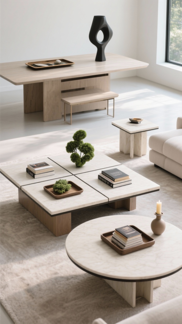 Wide shot comparing styling to table shape in a single living room scene: a rectangular coffee table divided into three zones (books, tray, greenery sculpture), a square side table styled in two opposing quadrants with the other two left open, and a round coffee table with a centered tray/book stack orbited by a candle and small vase; an oversized table in the background with a large tray and a bold statement object; nesting tables with one minimal and the other carrying decor; clear traffic flow and functional openness; bright, even daylight for clarity.