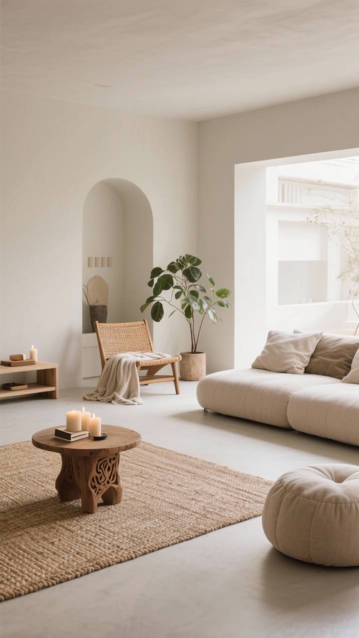 Wide shot creating zen-friendly zones within one living room: a reading nook with a rattan chair, linen throw, and a plant at your feet; a low lounge area with neutral floor cushions and a carved side table; a minimal meditation spot with a woven mat, candles, and a soft pouf; spacious layout that avoids overcrowding, calm daylight, photorealistic.