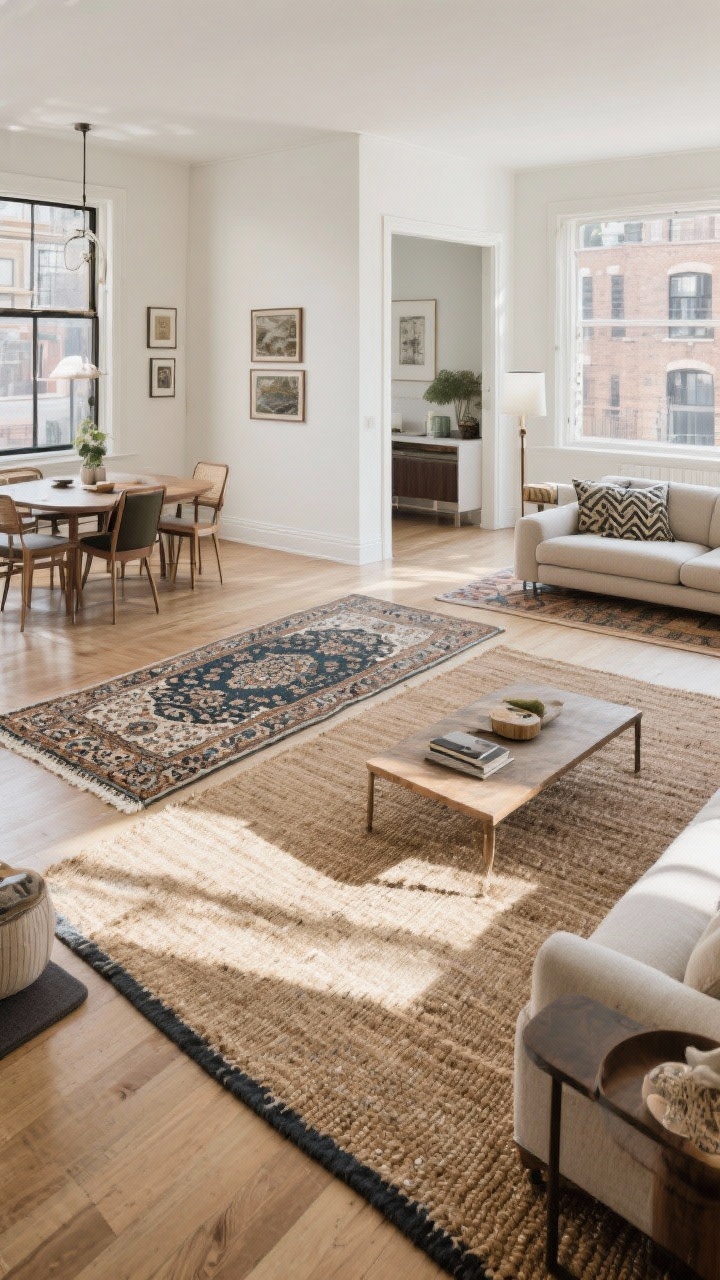 Wide shot, layouts, layering, and pads: An open-concept apartment with zones defined by rugs—a large jute base layer unifying the main seating area, topped with a slightly smaller patterned vintage-style wool rug under the coffee table; a separate dining area defined by a coordinated rug; long living room proportions solved by the larger base rug; include a subtle peek of a felt+rubber rug pad correctly inset 1–2 inches from the rug edge; mix one bold pattern with a quieter base; soft afternoon light, corner perspective to show flow; refined, collected look without visual clutter.