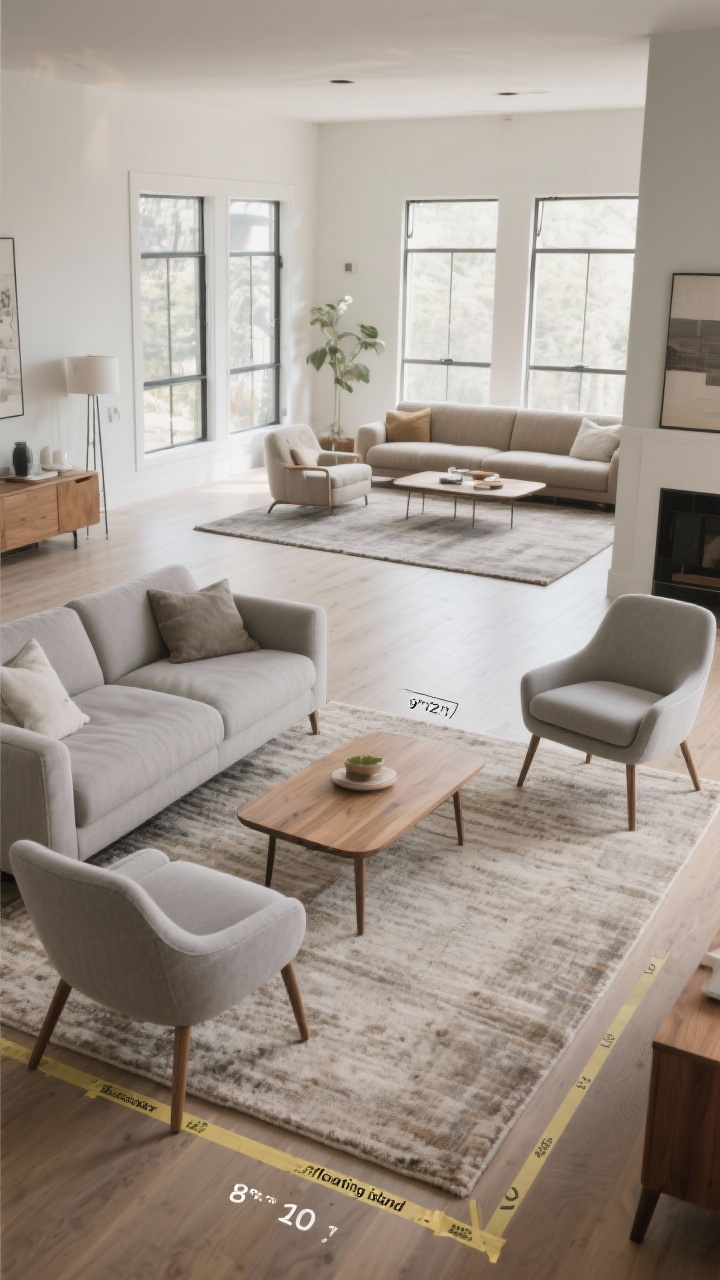 Wide shot, living room sizing rules: A modern living room with a light gray sofa and two accent chairs arranged around a wood coffee table, showcasing an 8'x10' neutral rug with all front legs of the sofa and chairs on the rug; include an alternate zone in the background defined by a larger 9'x12' rug as a “floating island” seating area in an open-plan space; avoid tiny 5'x7' proportions; painter’s tape visible on the floor marking alternate rug boundaries for comparison; natural daylight from large windows, straight-on perspective emphasizing correct scale and how the rug ties furniture together; cozy, intentional vibe.