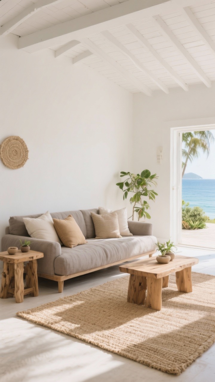 Wide shot of a Bali-inspired living room anchored by a serene natural palette: warm white/ivory painted walls, creamy white ceiling, sandy beige jute rug, taupe-toned linen sofa, and soft grey tonal pillows in sand, latte, and mushroom hues; sun-washed wood side table and subtle greenery in the background; bright natural daylight softly diffused, relaxed coastal calm, no cool blue whites, photorealistic.
