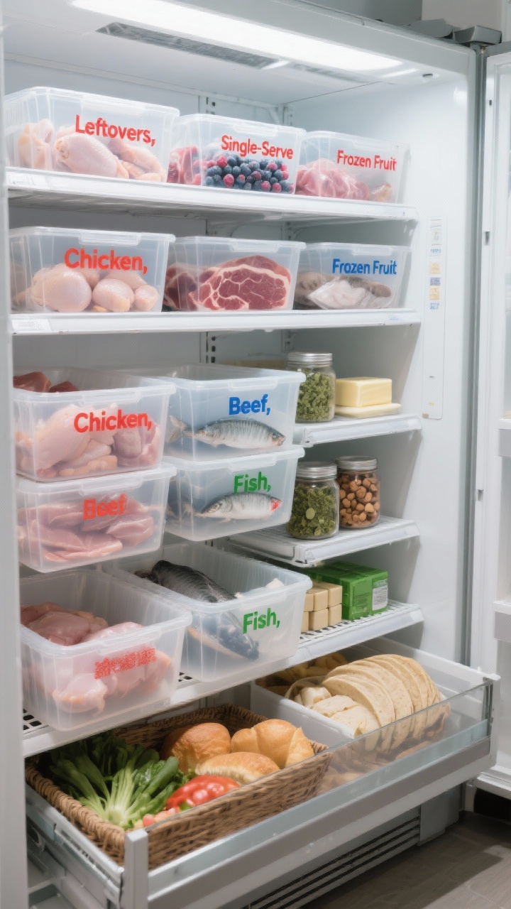 Wide, slightly high angle shot of a fully organized freezer zoned like a grocery store. Top shelf: clear bins labeled “Leftovers,” “Single-Serve,” “Frozen Fruit” with visible containers and berry bags. Middle shelf: proteins in straight-sided clear bins, raw chicken, beef, and fish separated, bold waterproof labels “Chicken,” “Beef,” “Fish,” with color-coding (red for meat, blue for seafood, green for veg). Door shelves hold light items: butter, nuts in jars, herb cubes, tortillas, stock cubes. Bottom drawer/basket holds bulk veggies, bread, family-size snacks. Matching clear or matte-white opaque bins, sturdy and straight-sided, crisp labels, cool LED interior lighting for instant inventory.