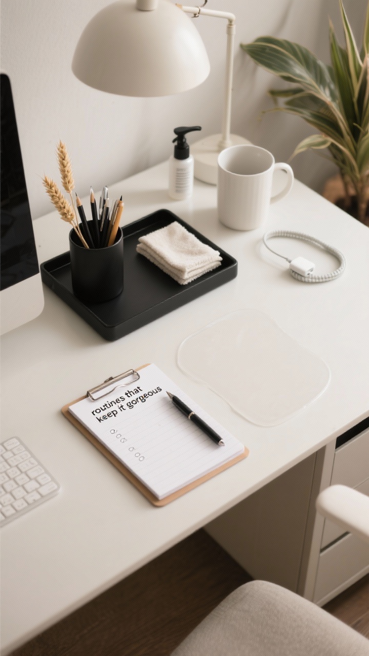 A detail closeup from a slight overhead perspective capturing “routines that keep it gorgeous”: a pristine desk at the start/end of day with a single-task tray holding today’s project, a fresh notepad with one concise task list, a cleared pen cup with pens stowed, and a microfiber cloth beside a just-wiped surface. Include subtle signs of weekly care: a clean mug, a small spray bottle, and a neatly coiled charger ready to use. Nearby, a plant looks freshly watered. Lighting is soft and balanced, suggesting a quick two-minute reset. Neutral tones with black and wheat accents; immaculate, calm, photorealistic.