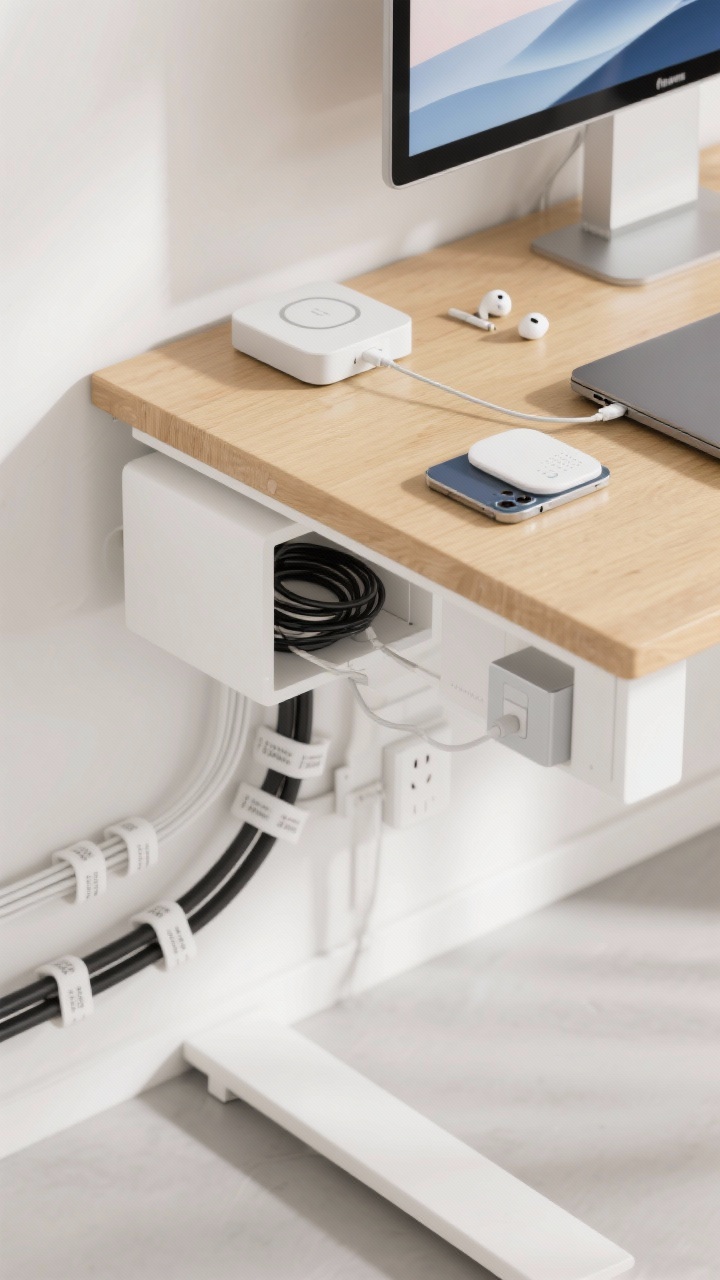 A detailed overhead closeup focused on neat cable management: a white cable box hiding a power strip with excess length tucked inside, adhesive cable clips guiding black and white cords along the underside edge, and individual cables bundled by device with Velcro ties labeled. Include a wireless charging pad with phone and earbuds on a tidy corner, a sleek laptop connected to a compact docking station (one cable into the laptop), and a stick-on under-desk power cube just visible. Add a calm, minimal desktop wallpaper on the laptop screen. Materials: matte white plastics, light wood desk, subtle brushed metal. Bright, even daylight for clarity; ultra-clean, photorealistic.