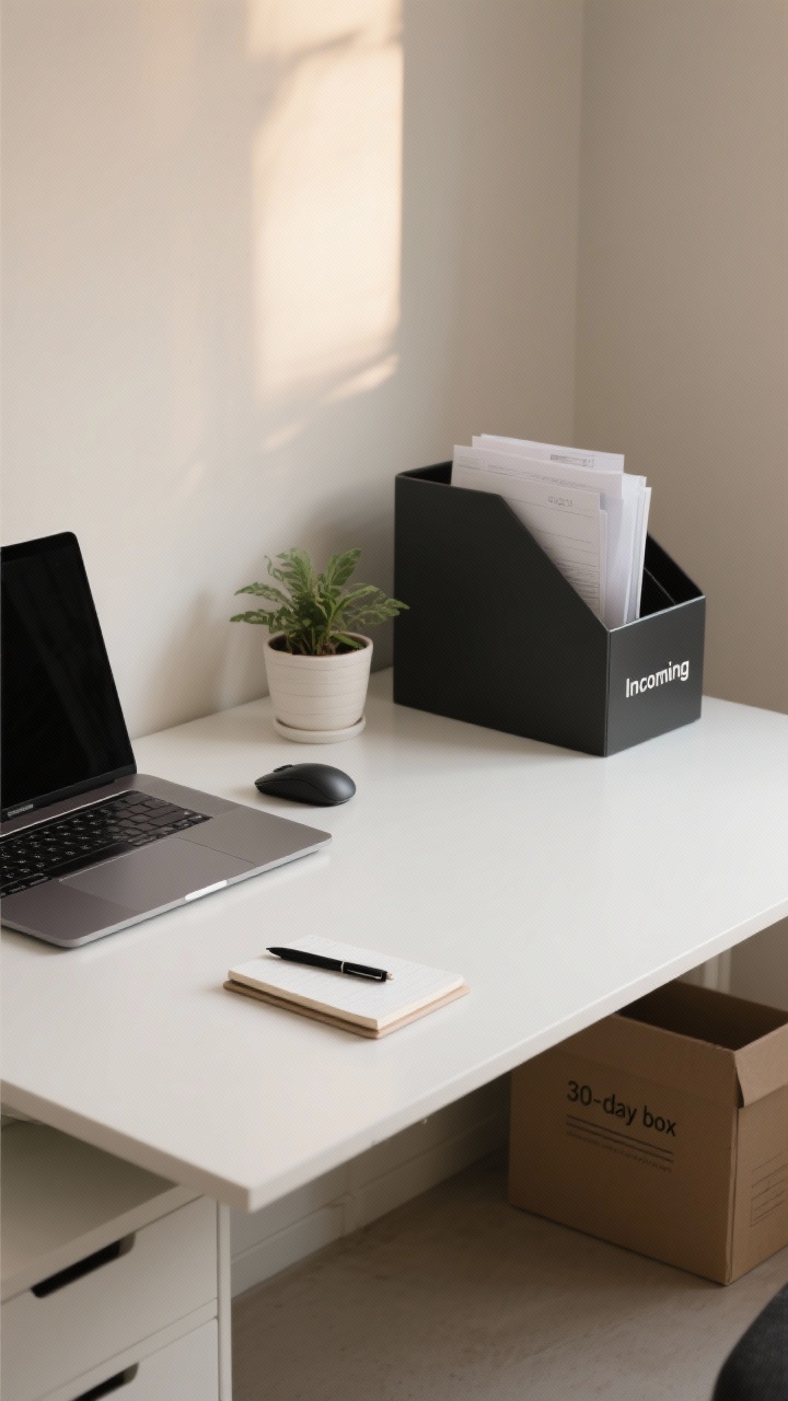 A medium, straight-on shot of a freshly decluttered desk setup: a clean work surface with only daily essentials—laptop, keyboard, mouse, a single black pen on a small notepad—and one personal touch, a small potted plant. Include a single folder tray holding the current project. Show clear “no-go” surface zones: an empty writing area at the right and a device zone at the center-left. Add one vertical file tray labeled “Incoming” with just a few papers. Subtle detail of a closed “30-day box” tucked under the desk. Evening natural light with soft shadows; neutral palette with white desk, sand walls, and charcoal accessories. No extra clutter, crisp and photorealistic.