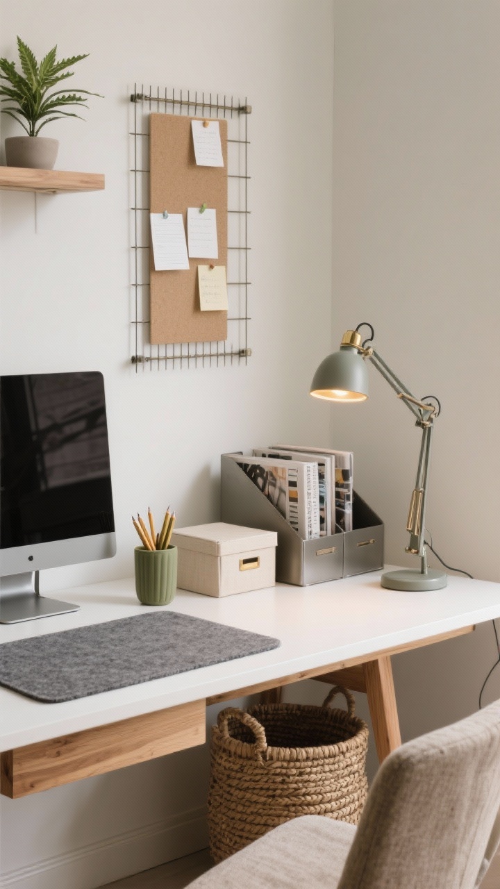 A medium, three-quarter angle shot highlighting “style meets function”: a curated desktop featuring a wood-and-matte-metal monitor stand, a felt desk pad, and a linen pencil cup. Add low-maintenance greenery (tiny ZZ plant) and beautiful storage—woven basket under the desk, lidded box and magazine files on a shelf in a cohesive palette. On the wall above, a vertical mood board (grid rail system) with a few neatly pinned notes. Include an adjustable task lamp with warm LEDs casting a cozy glow. Color palette: neutral base (white, sand, charcoal) with accents of sage and brass. Emphasize textures—felt, linen, wood grain, matte metal. Photorealistic.