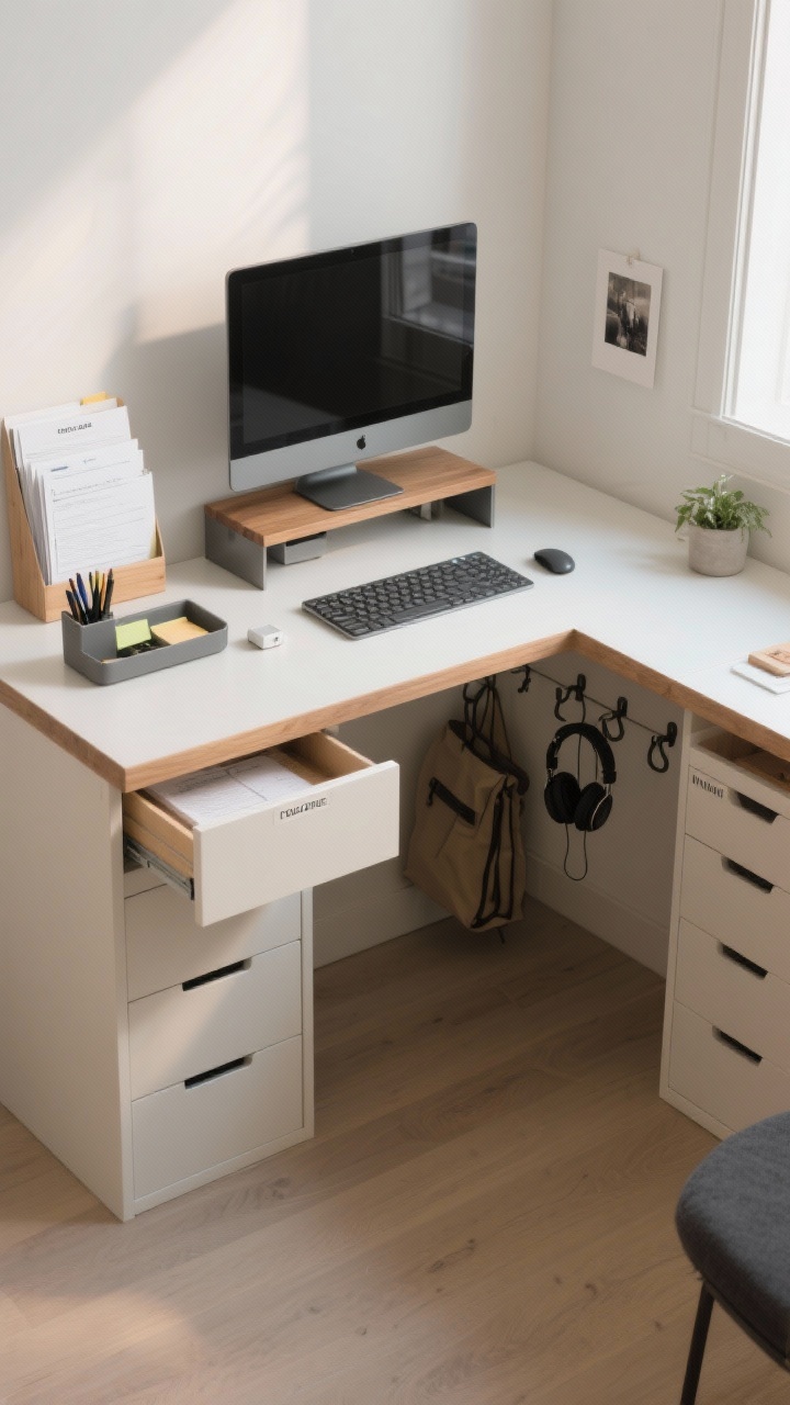 A wide room shot from a corner angle of a tiny, chic command-center desk with four clearly defined zones: Focus Zone center stage with a monitor on a wood-and-matte-metal riser and keyboard; Paper Zone with a slim tray/vertical file to the left containing only current docs; Tool Zone in a shallow drawer and a minimal caddy holding a few pens, sticky notes, and a single charger; Inspiration Zone on the far right with one small photo and a compact plant. Include smart extras: under-desk hooks holding headphones and a bag, and drawer dividers visible in a slightly open drawer. Neutral base (white, sand, charcoal), warm wood accents, soft morning light, labels discreetly inside the drawer. Clean, modern, photorealistic.